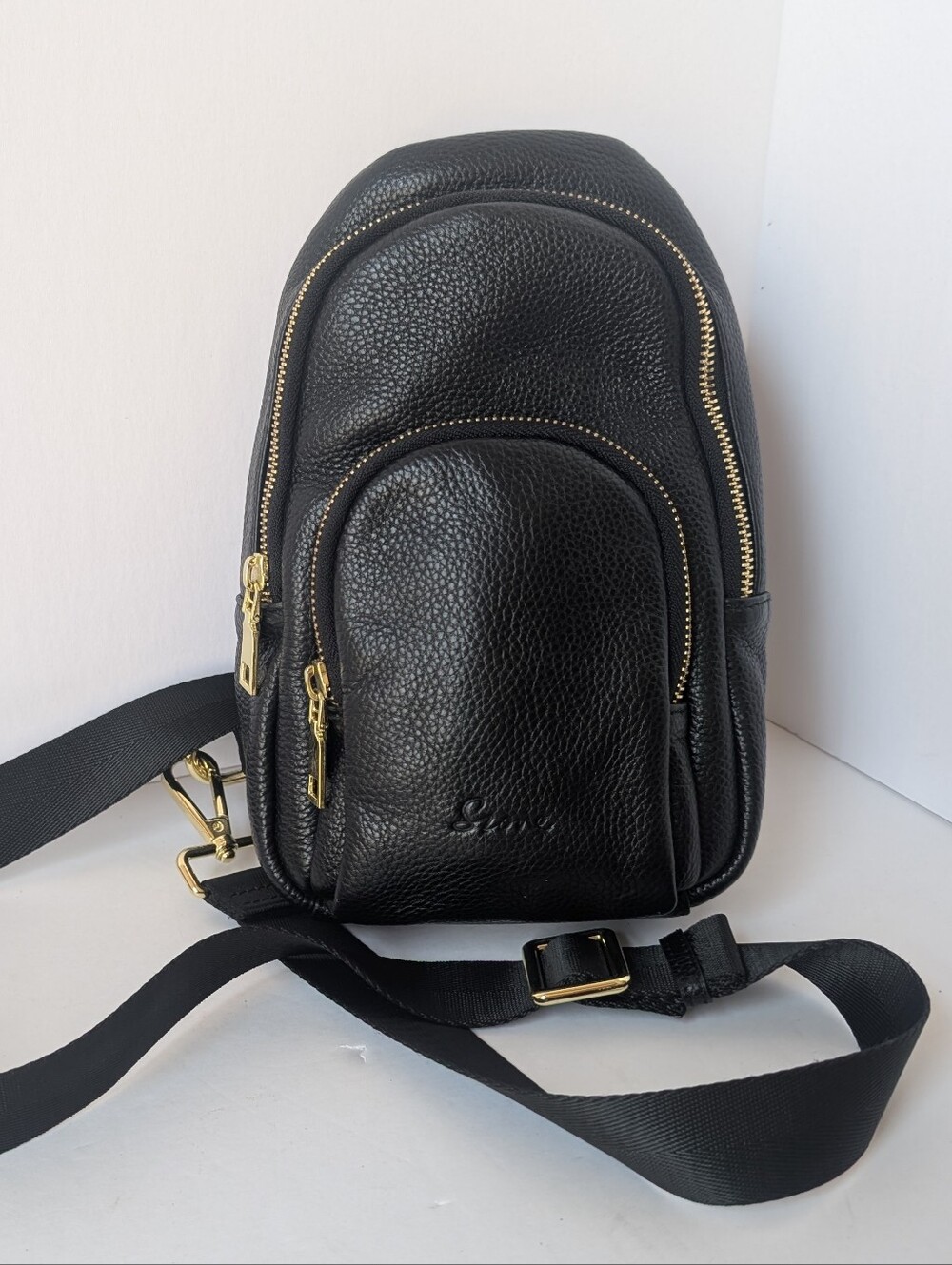 S-ZONE Black Pebbled Cowhide Leather Sling Bag Crossbody Chest  Backpack
